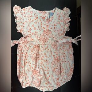 🐇Three Sisters Girls White & Coral Floral and Bunny Ruffled Romper